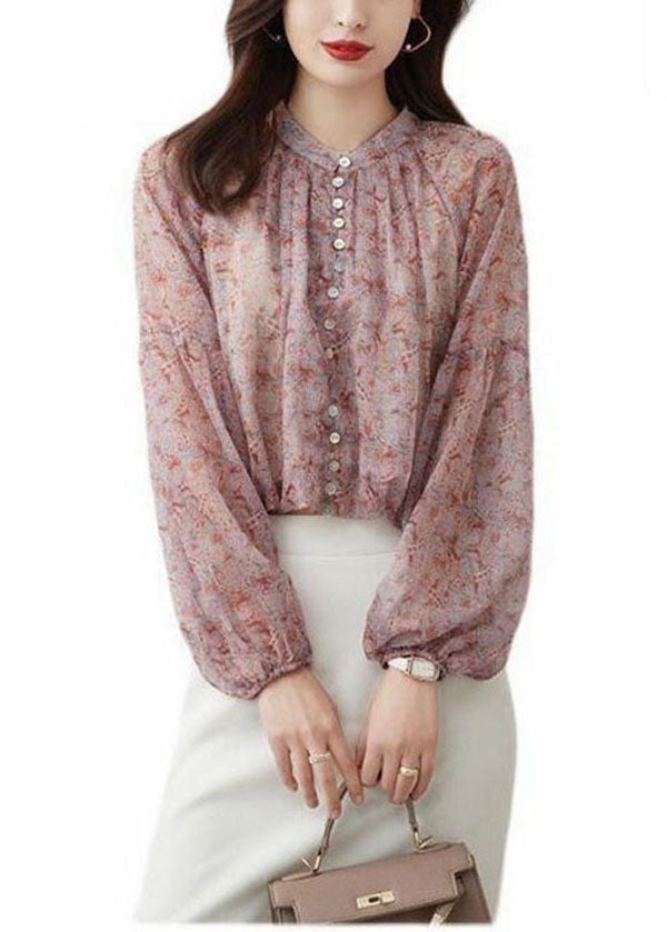 Pink Stand Collar Print Chiffon Shirt Top Lantern Sleeve