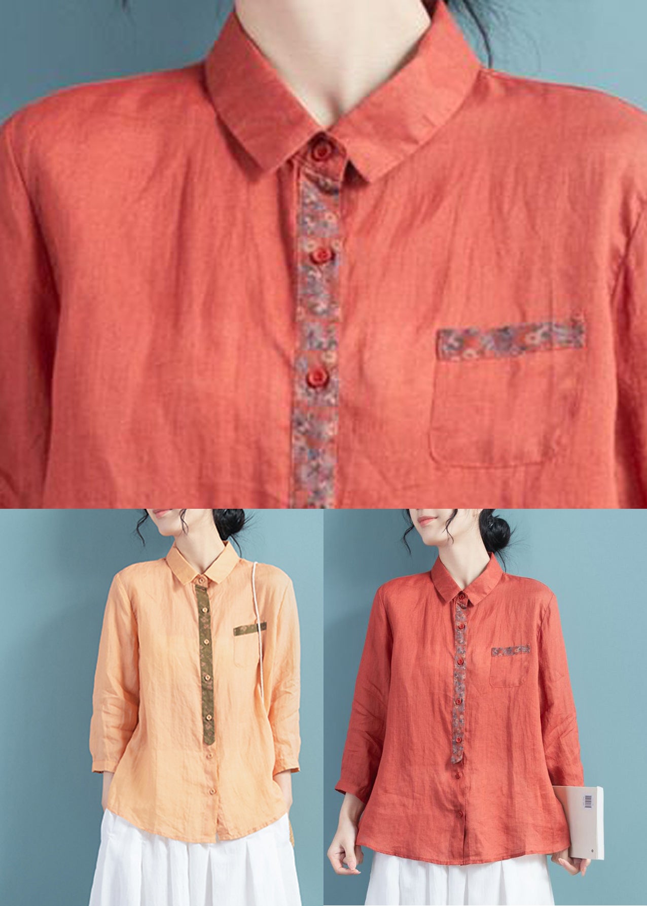 Brick Red Peter Pan Collar Print Ramie Top Long Sleeve