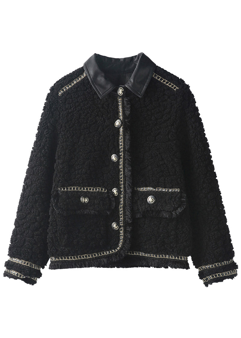 Diy Black Peter Pan Collar Patchwork Button Thick Faux Fur Coat Winter