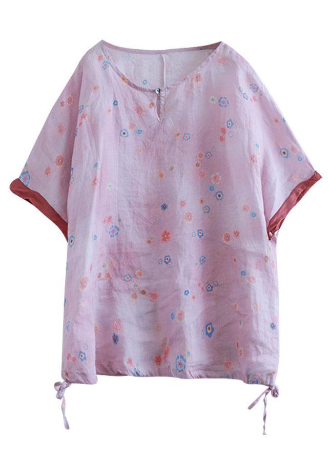Pink Print Patchwork Summer Linen Shirt Half Sleeve