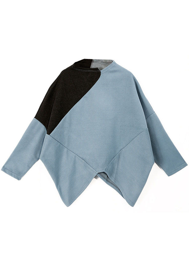 Blue Turtle Neck Patchwork Tops Spring