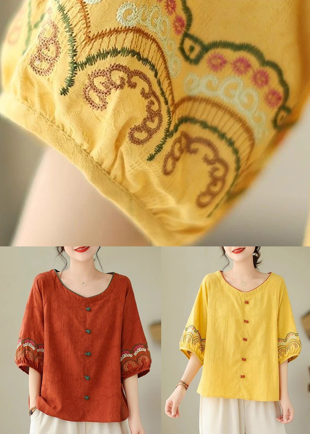 Orange O-neck Button Loose Top Summer