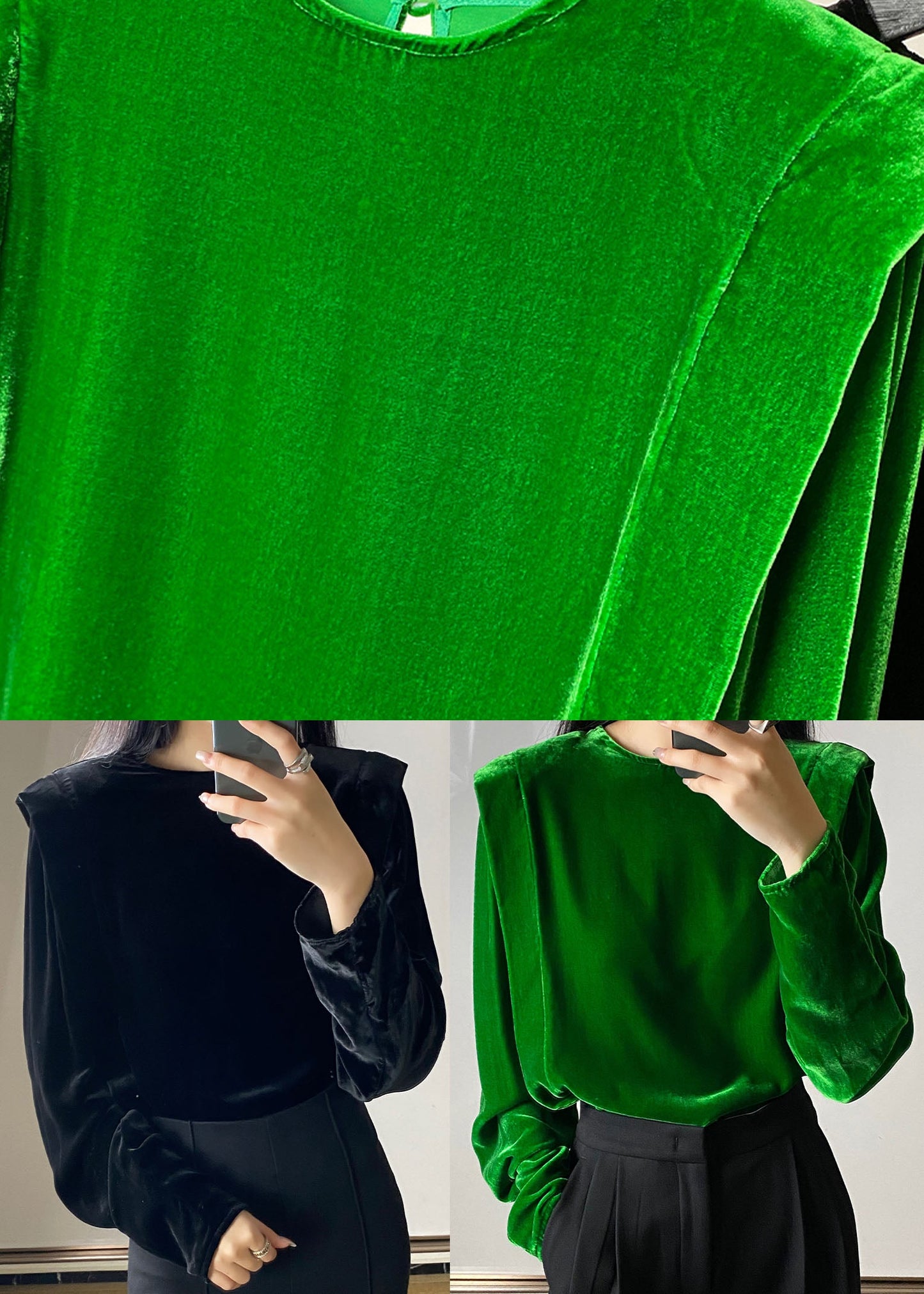 Black Button O-neck Silk Velour Tops Long Sleeve