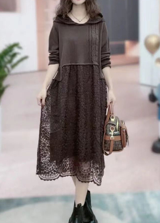 Rose Hooded Patchwork Lace Long Dresses Fall