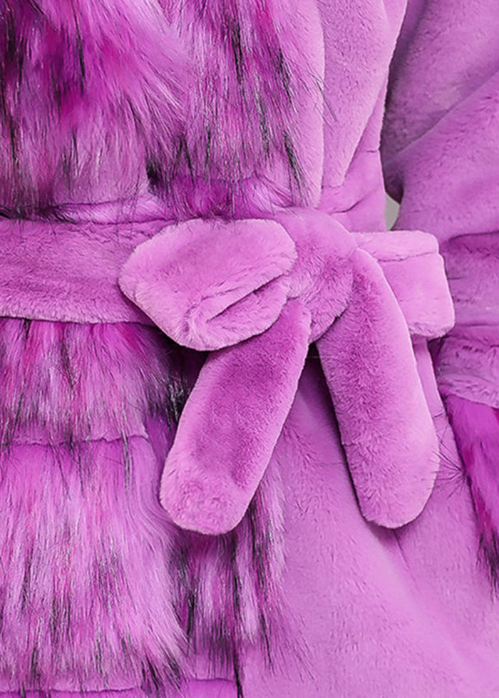 Purple Fur Collar Patchwork Tie Waist Faux Fur Long Coat Winter