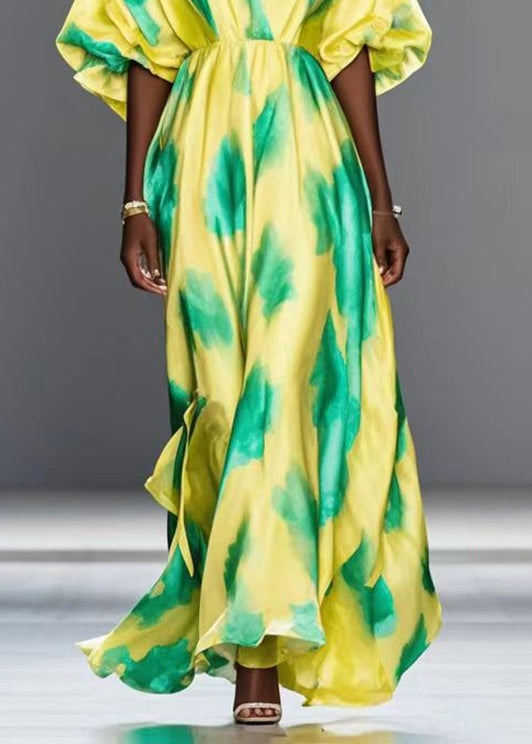 Handmade Yellow V Neck Print Silk Holiday Dress Batwing Sleeve Summer