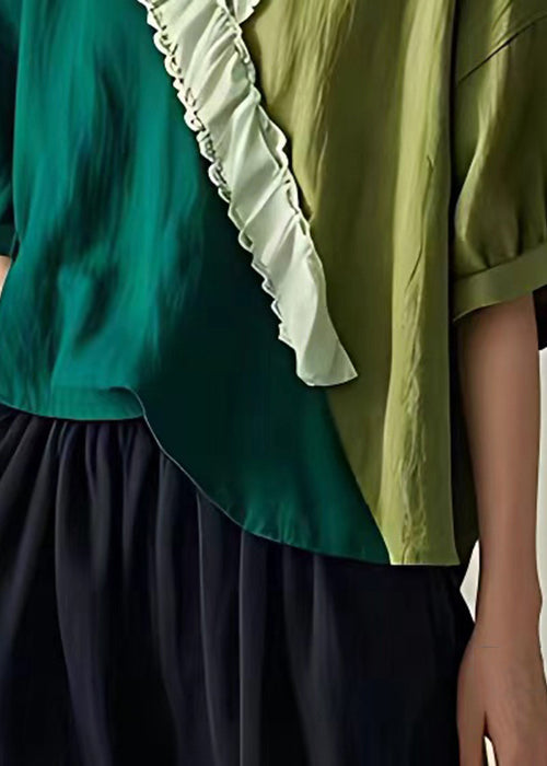 Green Ruffled Patchwork Cotton T Shirt Summer