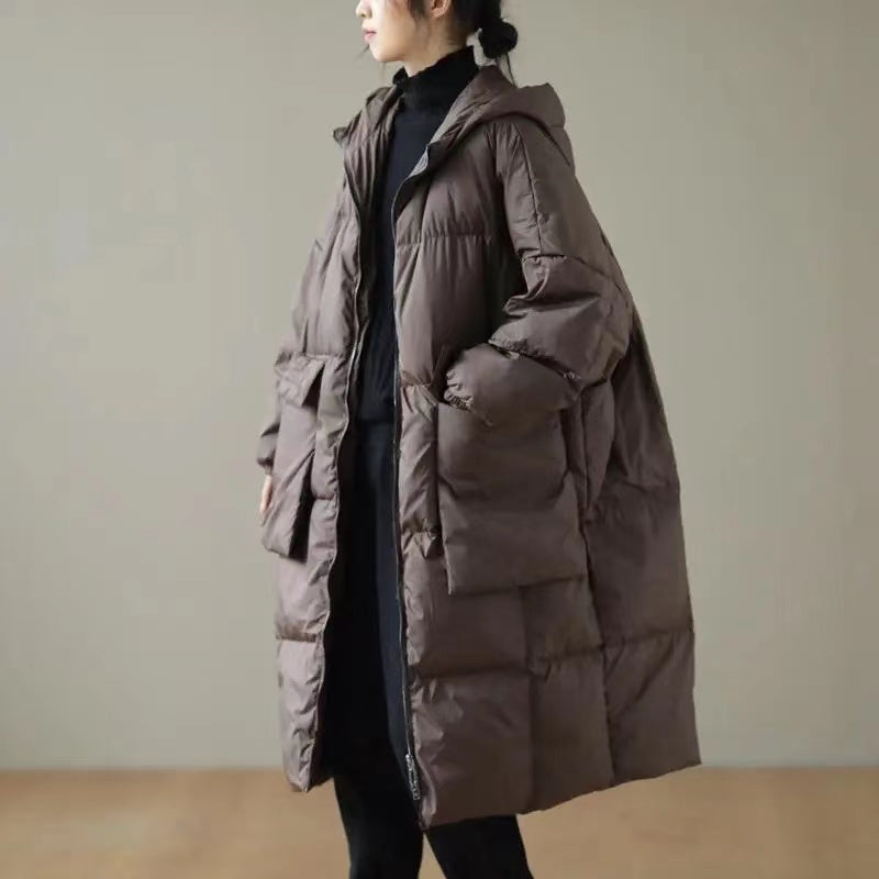 Green Hooded Zippered Pockets Winter Down Coat Long Sleeve