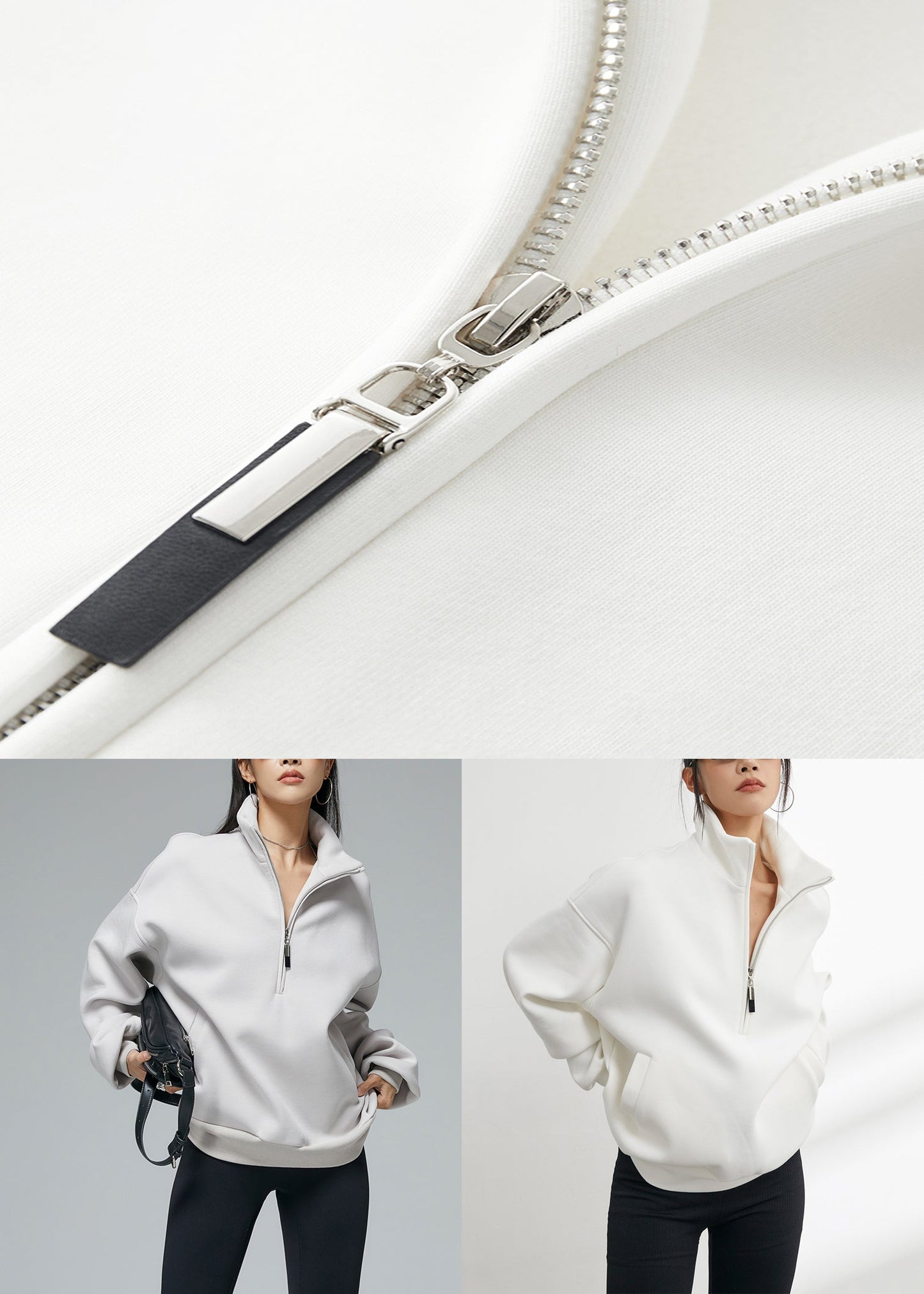 Grey Zip Up Pockets Oversized Warm Fleece Winter Sweatshirt Stand Collar