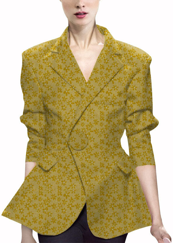 Natural Yellow Button Peter Pan Collar Print Western-style Clothes Coat Long Sleeve
