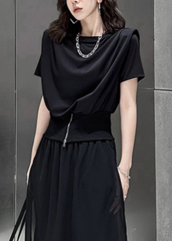 Black O-neck Zip Up Patchwork Cotton T Shirt Top Summer