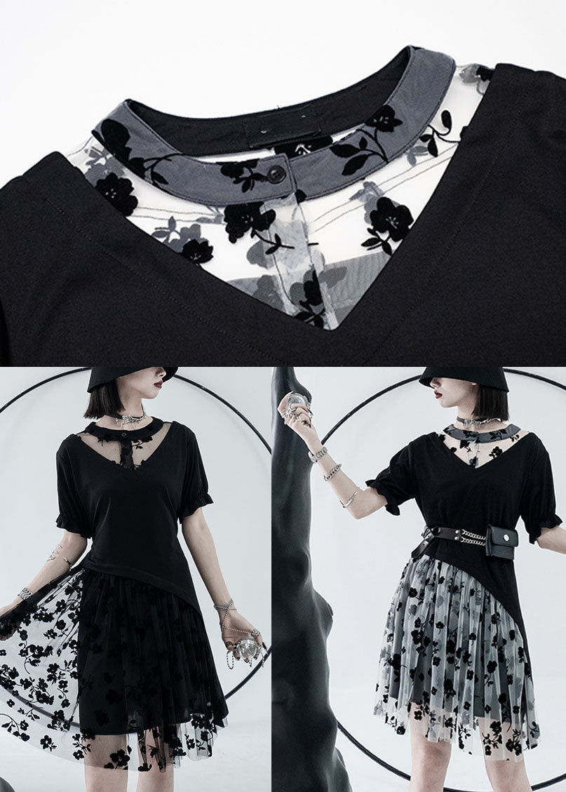 Black O-neck Asymmetrical Design Tulle Cotton Mid Dress Summer