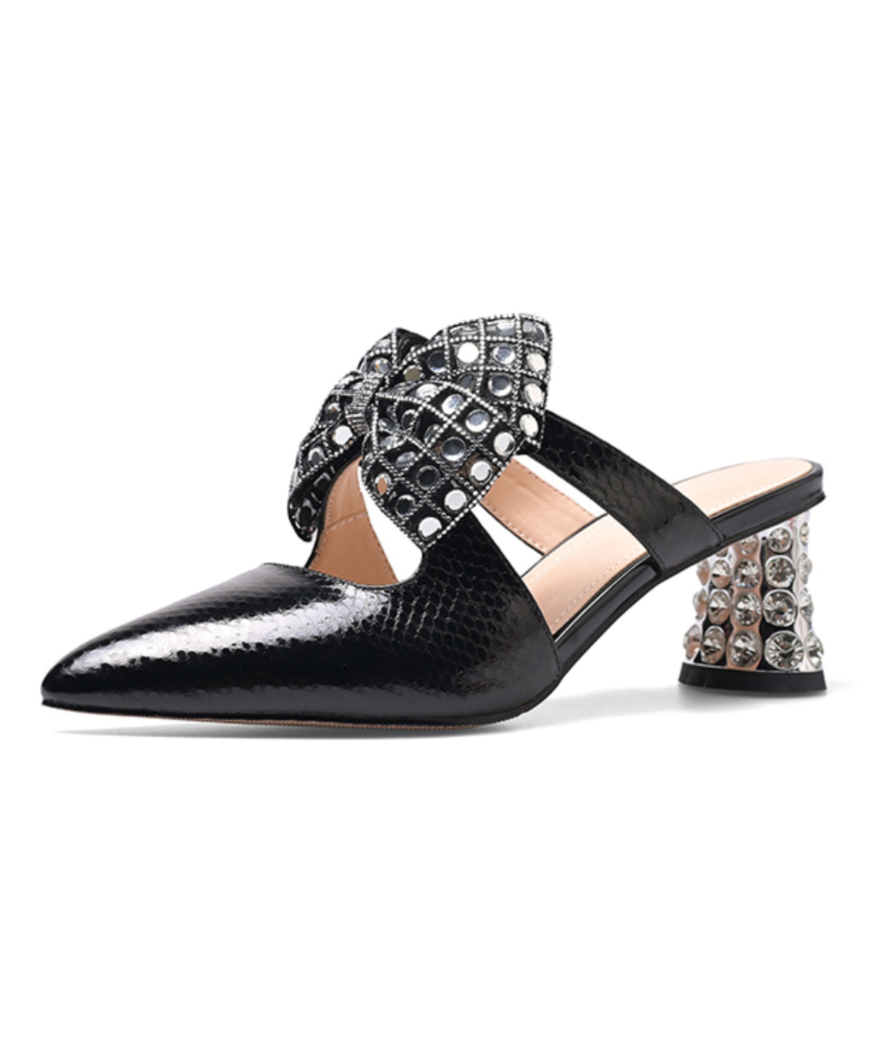 Black Cowhide Leather Splicing Bow Zircon Slide Sandals