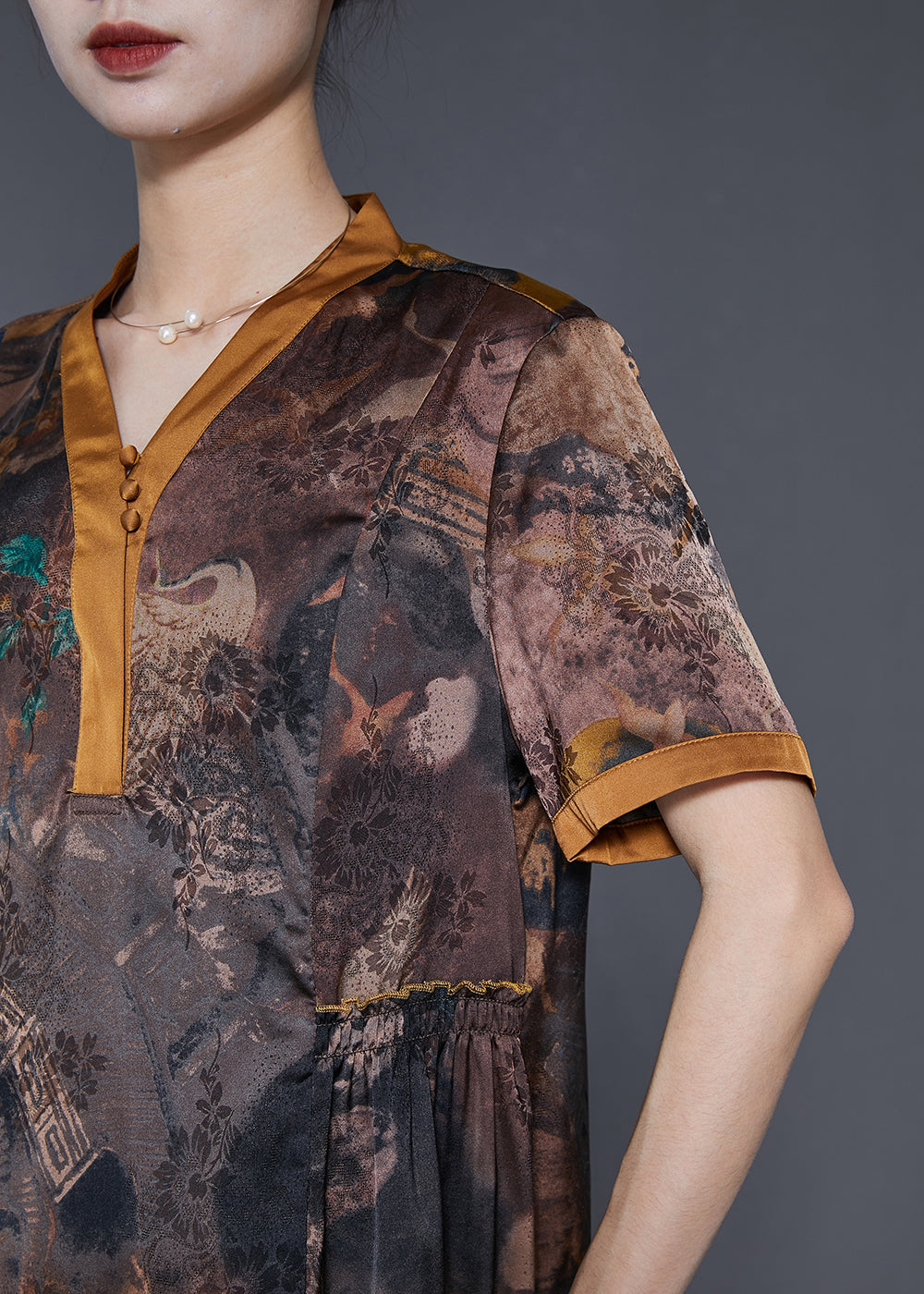 Brown Print Silm Fit Silk Long Dress Summer