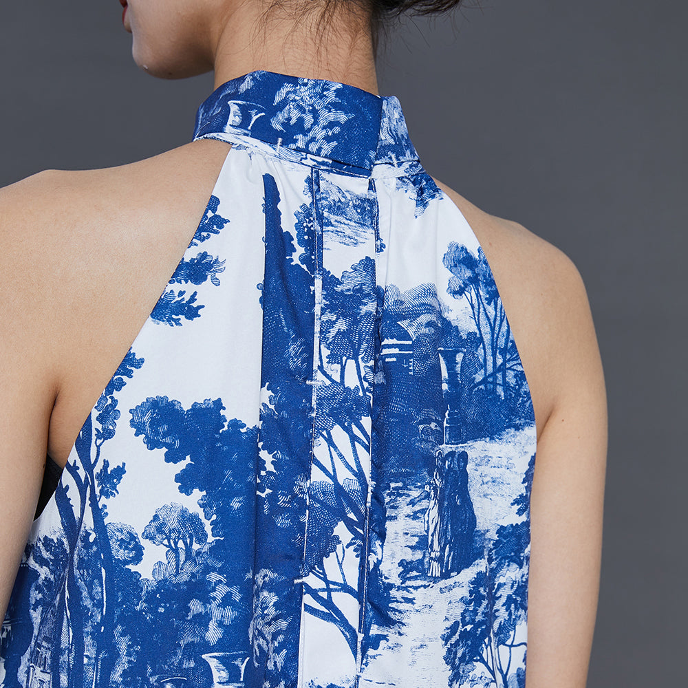 Modern Blue Cold Shoulder Print Cotton a Line Dress Summer