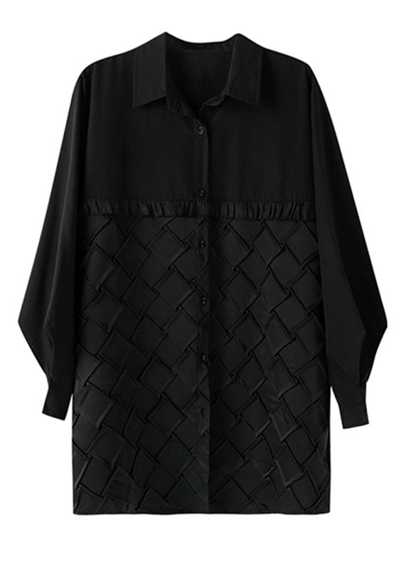 Italian Black Peter Pan Collar Ruffled Patchwork Plaid Shirts Spring
