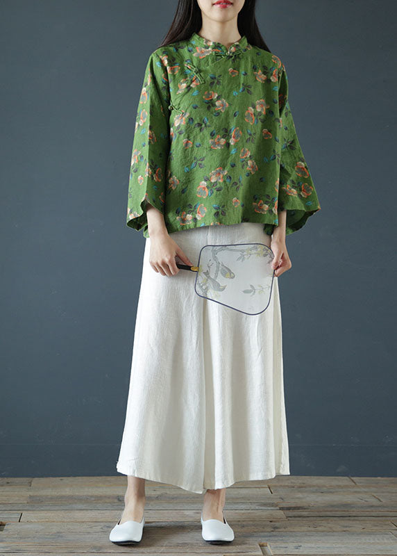Green Print Mandarin Collar Oriental Button Linen Top Spring