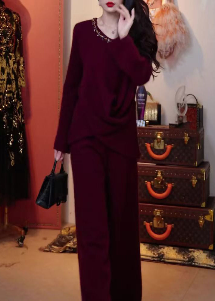 New Purple O Neck Sweaters and Pants Knit Two Pieces Set Winter
