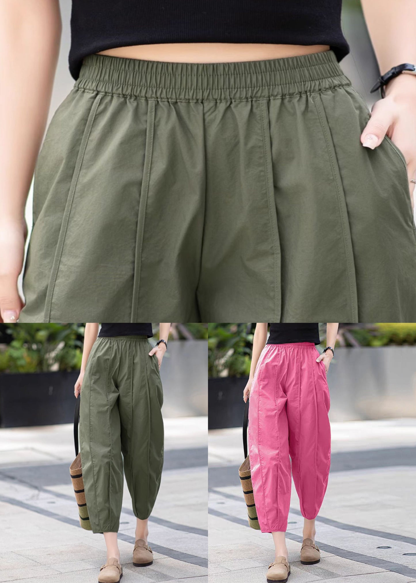 New Army Green Wrinkled Pockets Cotton Crop Pants Summer
