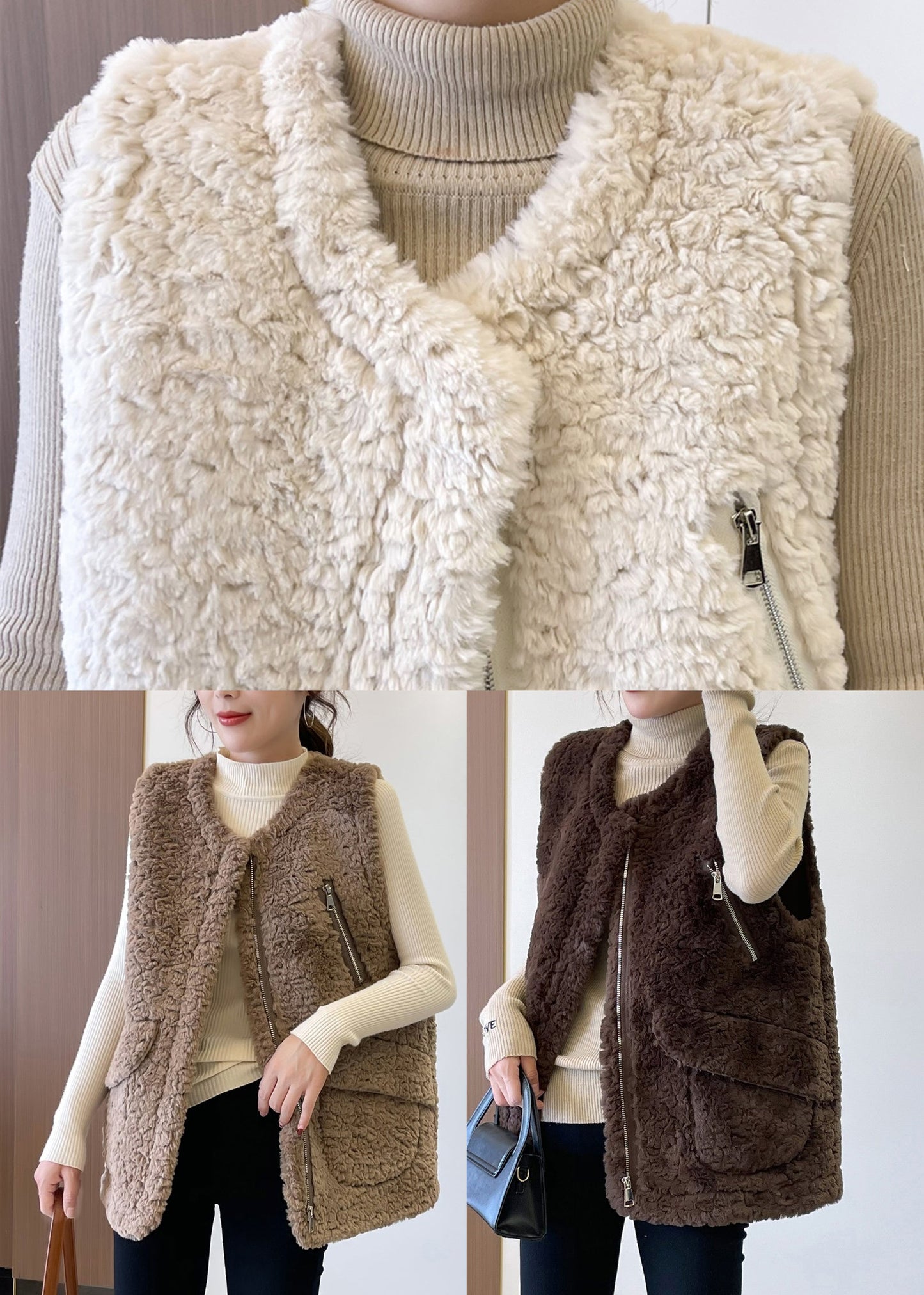 Beige Zip Up Patchwork Faux Fur Teddy Vests Winter