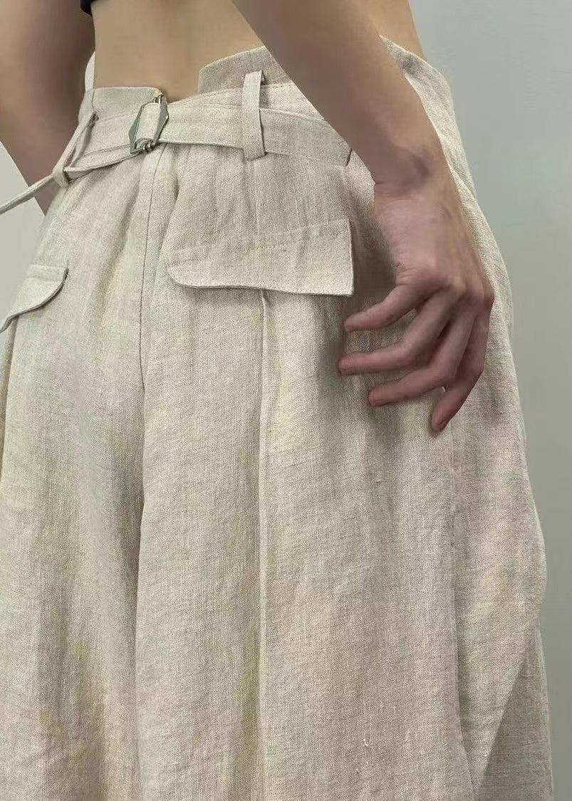 Original Design Apricot Pockets Patchwork Linen Wide Leg Pants Spring