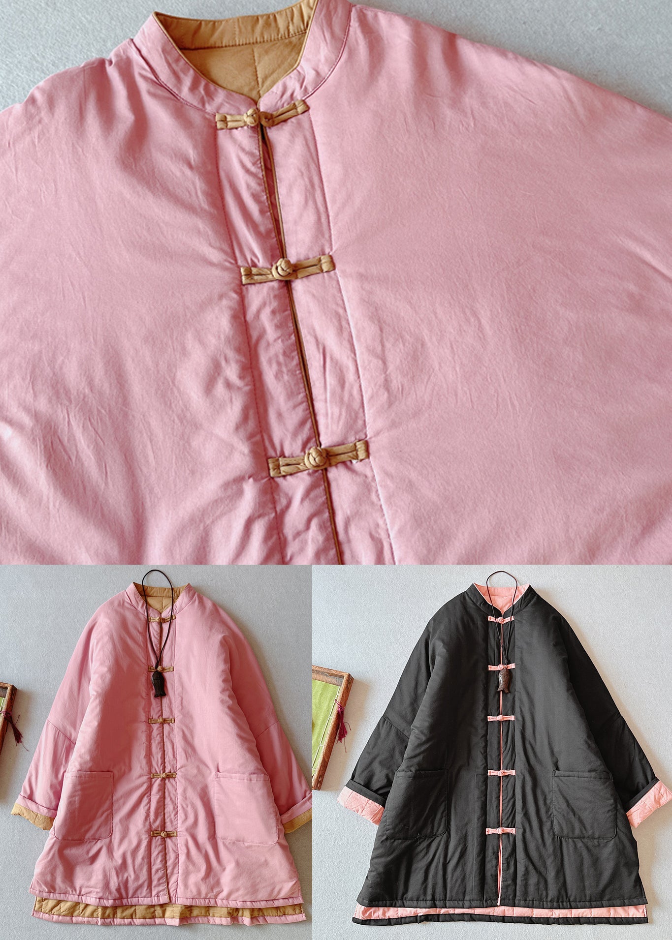 Retro Pink Stand Collar Pockets Fine Cotton Filled Coat Winter