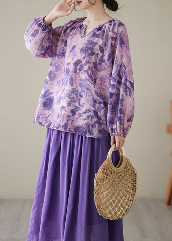 Purple Print Wrinkled Patchwork Linen Tops Long Sleeve