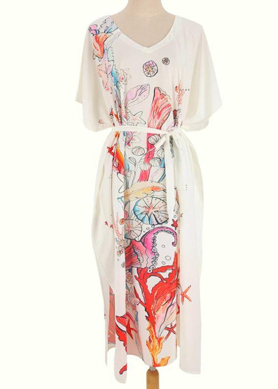 White Print V Neck Beach Long Smock Vacation Summer Chiffon Dress