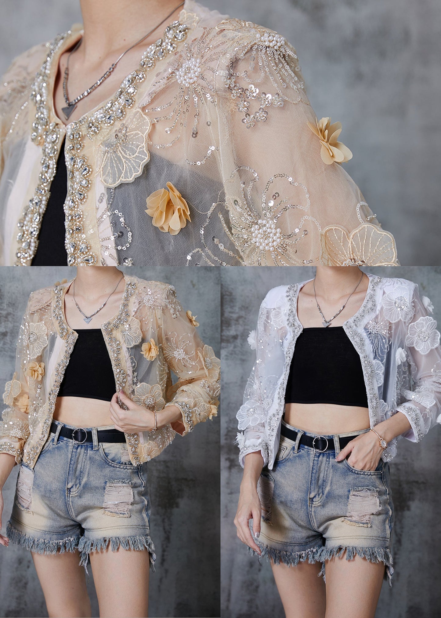Handmade White Sequins Organza Upf 50+ Cardigan Summer