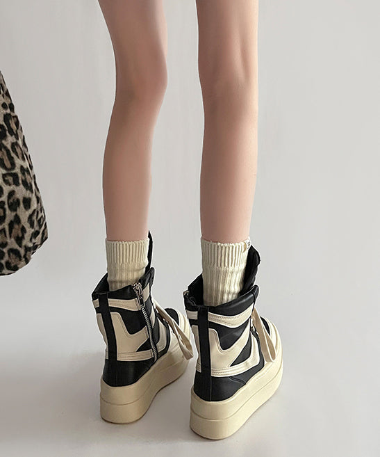 Black Lace Up Splicing Faux Leather Platform Boots
