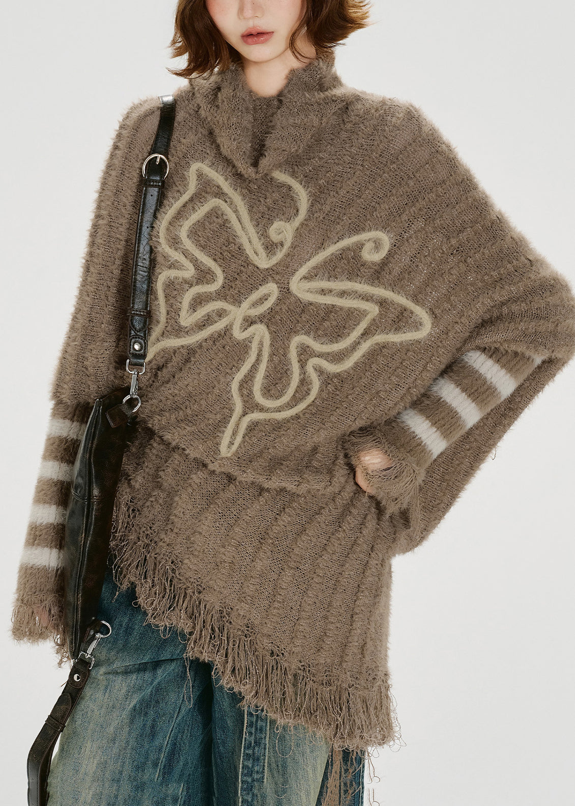 Unique Khaki Turtle Neck Tasseled Knitted Tops Batwing Sleeve Winter