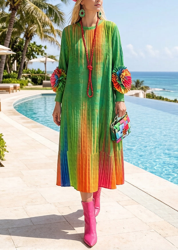 Italian Green Tie Dye Decorated Cotton Maxi Dresses Spring