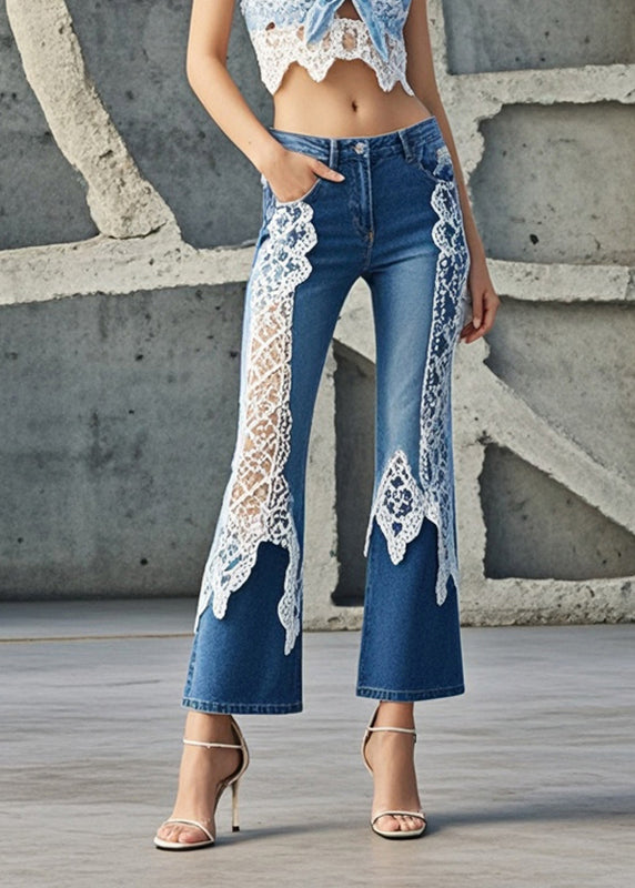 Denim Blue Lace Patchwork Slim Fit Flared Trousers Fall