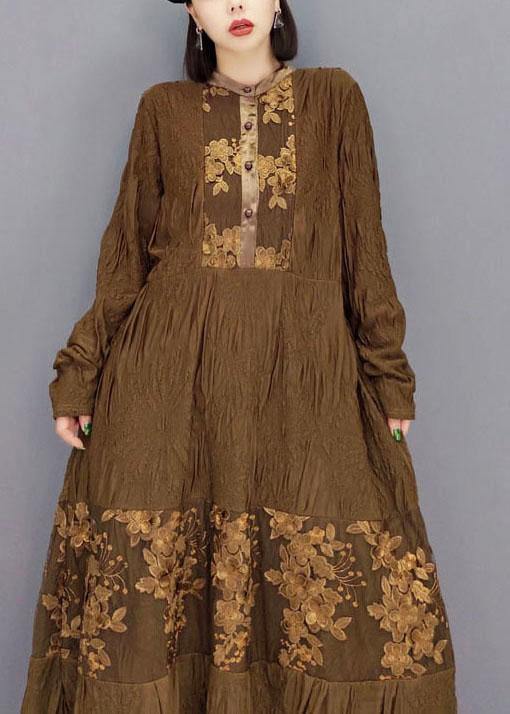 Brown O-neck Button Embroideried Ankle Dress Fall Long Sleeve
