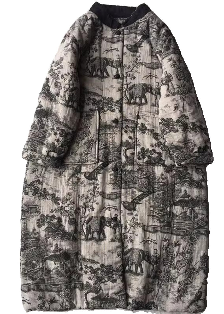 Apricot Oversized Print Fine Cotton Filled Long Coats Winter