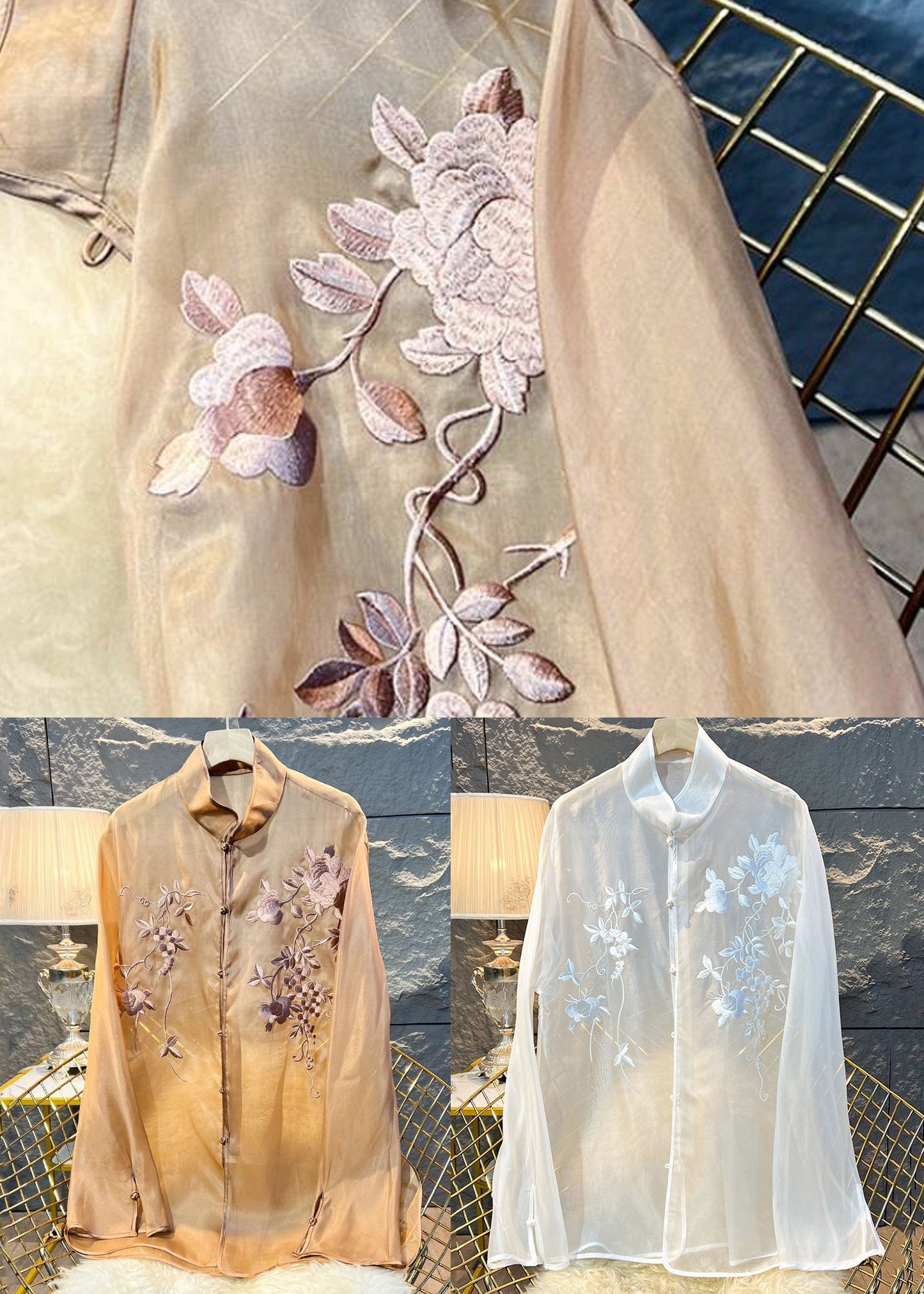 New Khaki Embroidered Button Tulle Blouses Long Sleeve