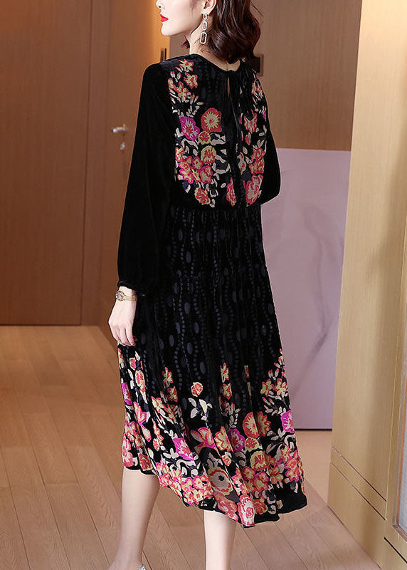 Organic Black O-neck Patchwork Print Velour Dresses Spring