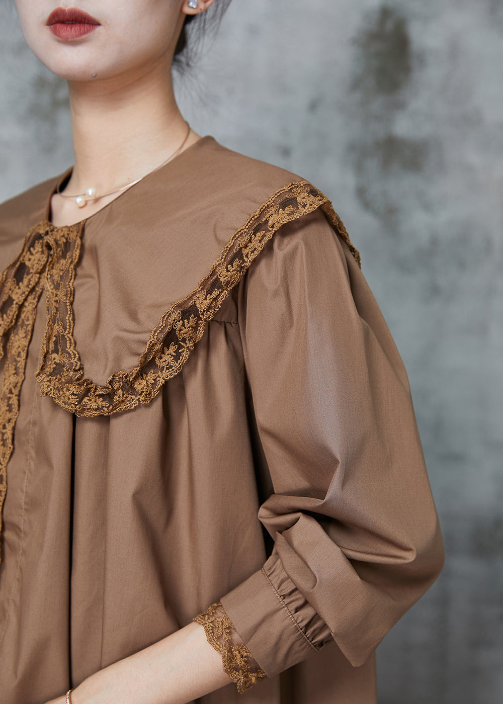 Coffee Peter Pan Collar Patchwork Lace Cotton Shirts Spring