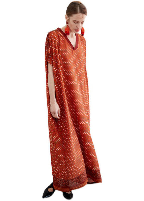 Orange V Neck Print Chiffon Vacation Robe Dresses Summer