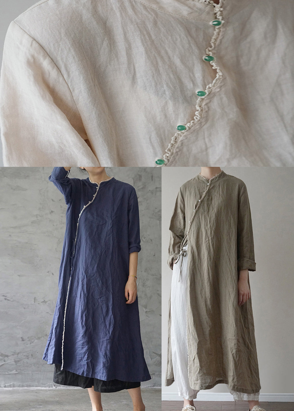 Linen Colour Linen Loose Dress Mandarin Collar Long Sleeve