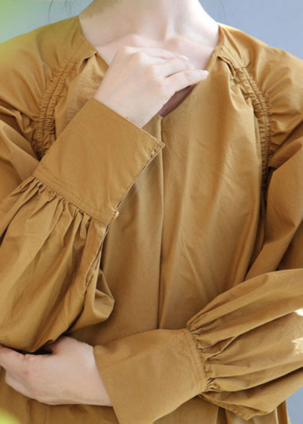 Yellow V Neck Cinched Cotton Long Dress Fall