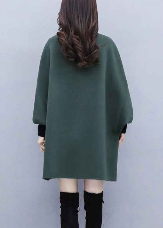 Green Button Pockets Patchwork Woolen Coat Fall