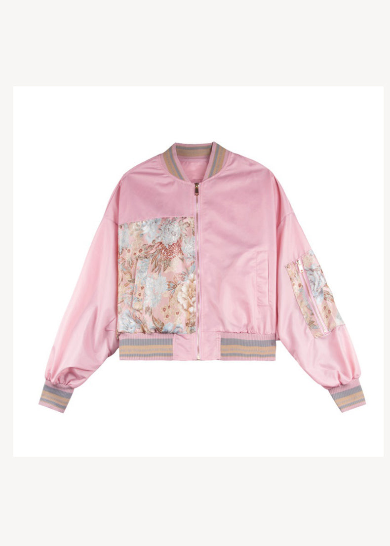 Stylish Pink Pockets Print Patchwork Jackets Fall