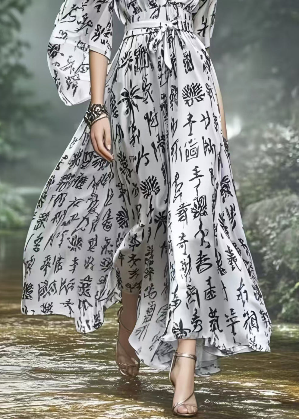 Silvery Cinched Print Silk Vacation Dress Spring