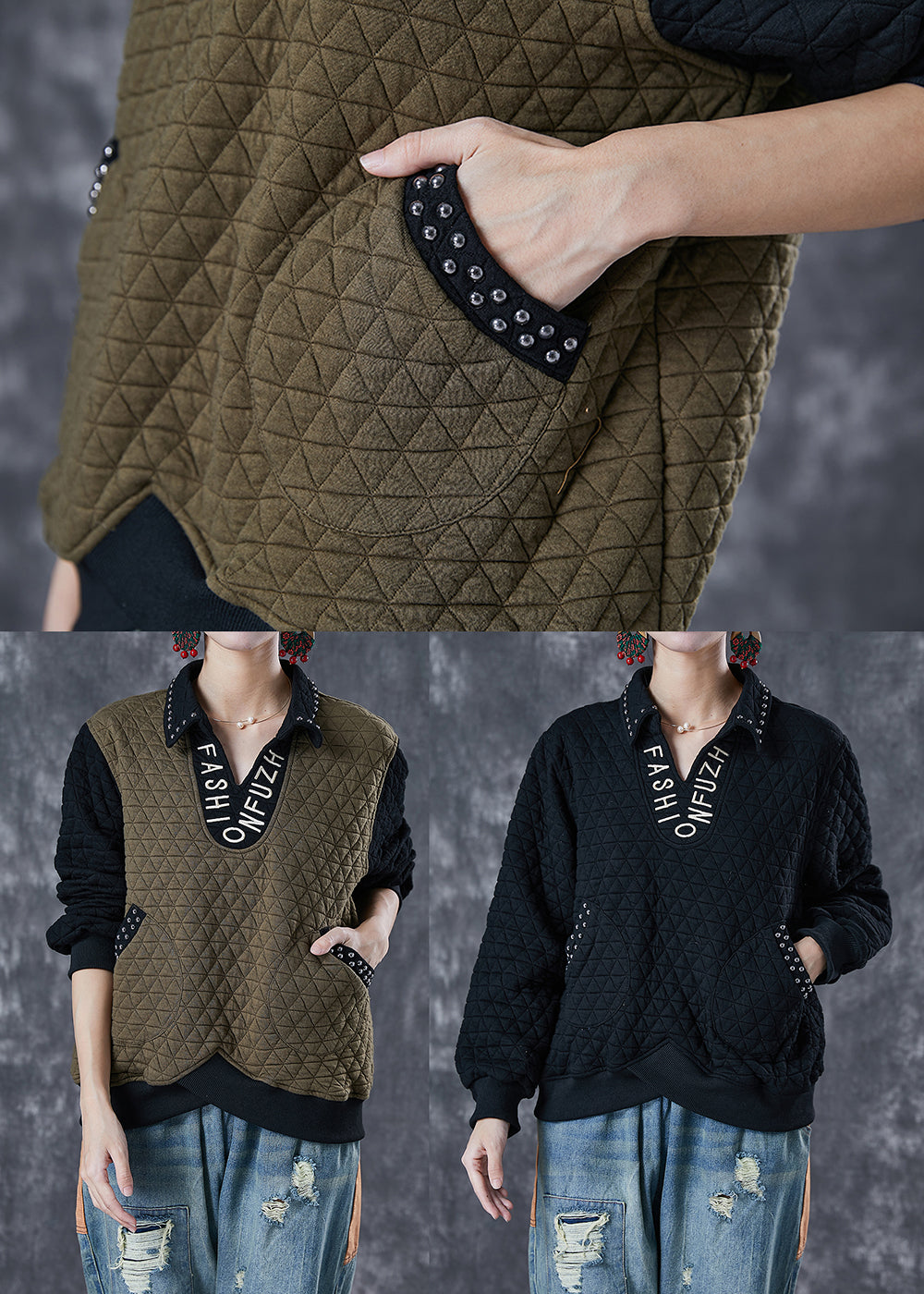 Black Letter Embroideried Rivet Cotton Pullover Sweatshirt Fall