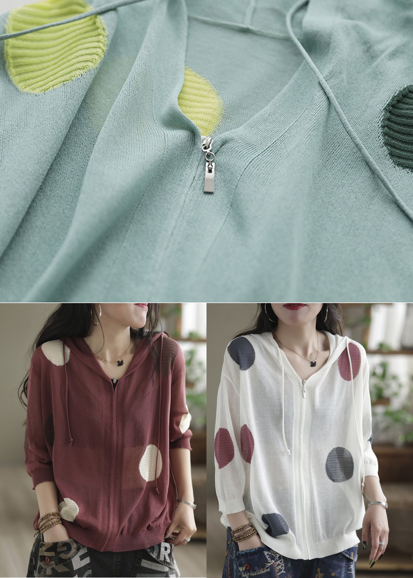White Dot Print Knit Upf 50+ Coat Jacket Hooded Drawstring Spring