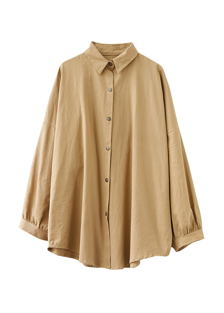 Khaki Peter Pan Collar Wrinkled Patchwork Cotton Blouses Fall