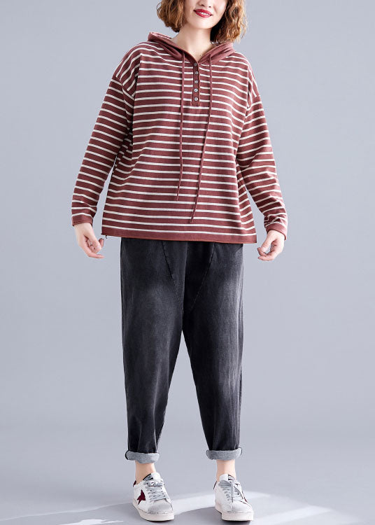 Red Hooded Striped Cotton Loose Sweatshirts Top Spring