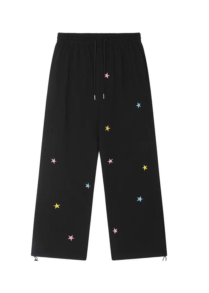 Black Pockets Tiny Spot Print Drawstring Cotton Wide Leg Pants Spring