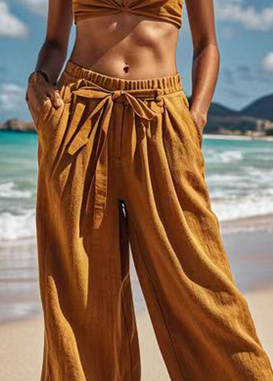 Earth Yellow Elastic Waist Bow Wide Leg Pants Summer